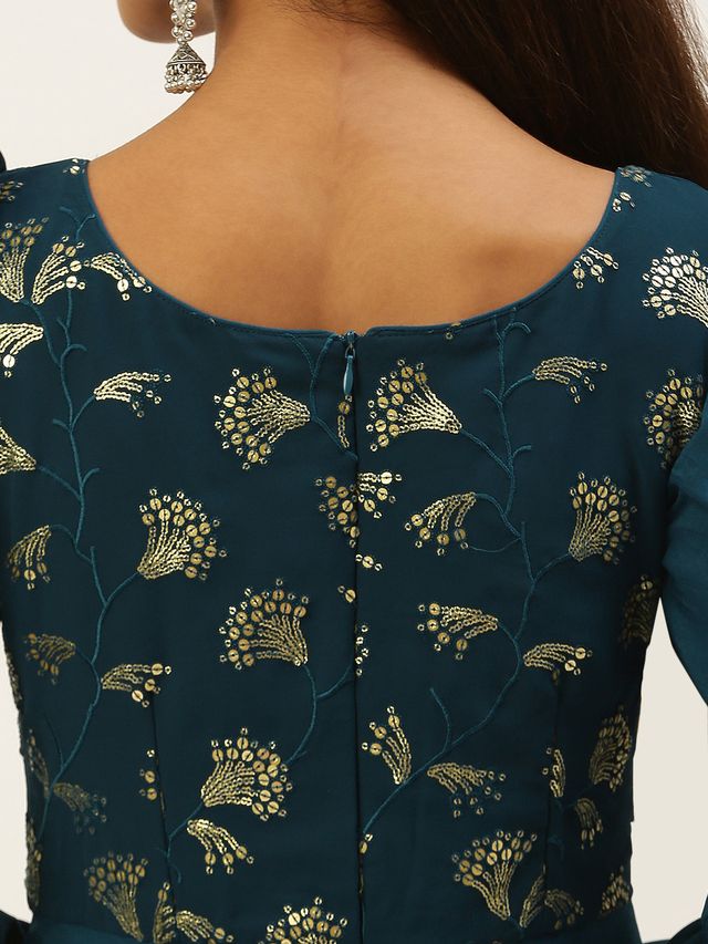 Bollywood Vogue Ready To Wear Teal Blue Georgette Embroidered N Art Silk Gown