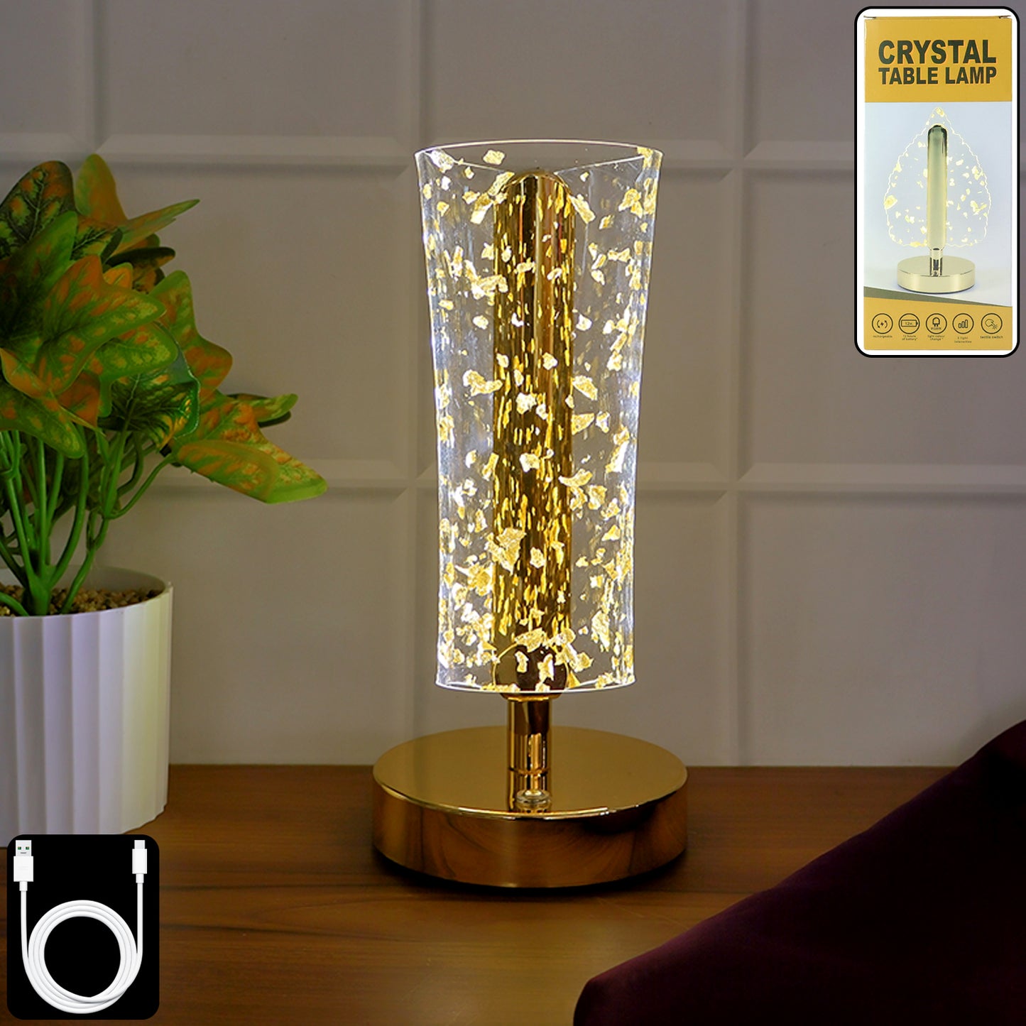 Luxury Golden Crystal LED Table Lamp with Golden Flake Acrylic Shade – USB Rechargeable Decorative Bedside(1 Pc)