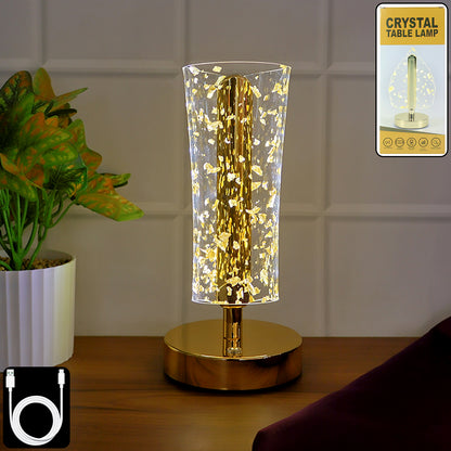 Luxury Golden Crystal LED Table Lamp with Golden Flake Acrylic Shade – USB Rechargeable Decorative Bedside(1 Pc)