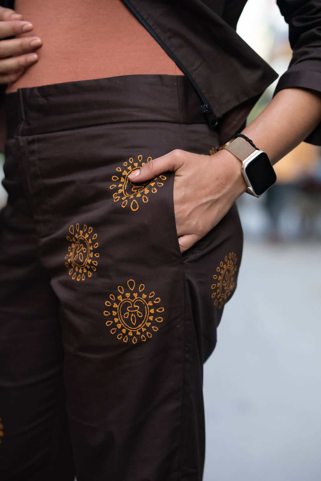 Brownie Dark Oak Cotton Twill Trousers With Mustard Hand Block Print Detailing Studio Sienna