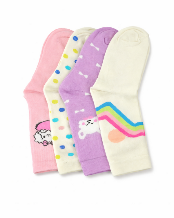 Cute Cartoon Cotton Ankle Length Socks for Women Multicolor Multi Design Soft Breathable Daily Wear Pack of 4 RITEX OVERSEAS