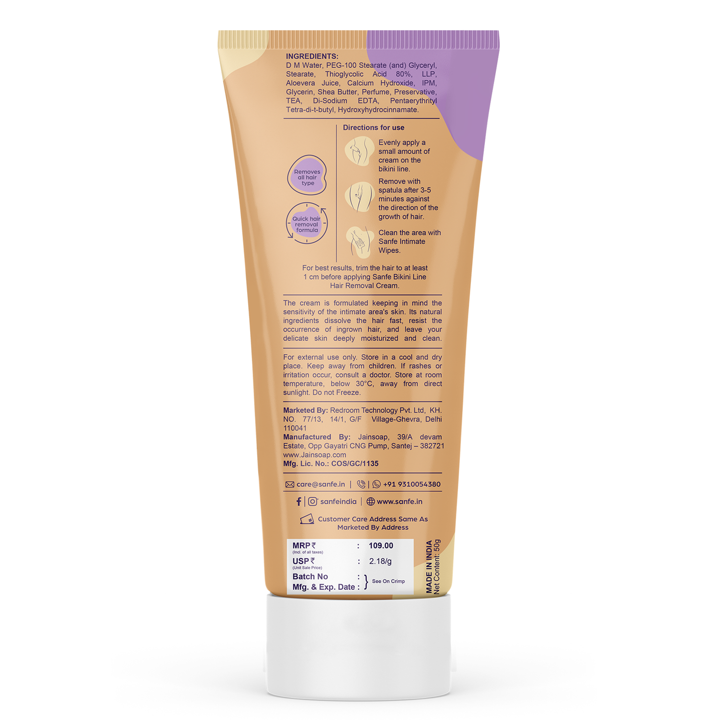 Sanfe Bikini Line Hair Removal Cream 50g - Natural and Safe for sensitive skin - Lavender, Aloe Vera, Shea Butter Cream Cream