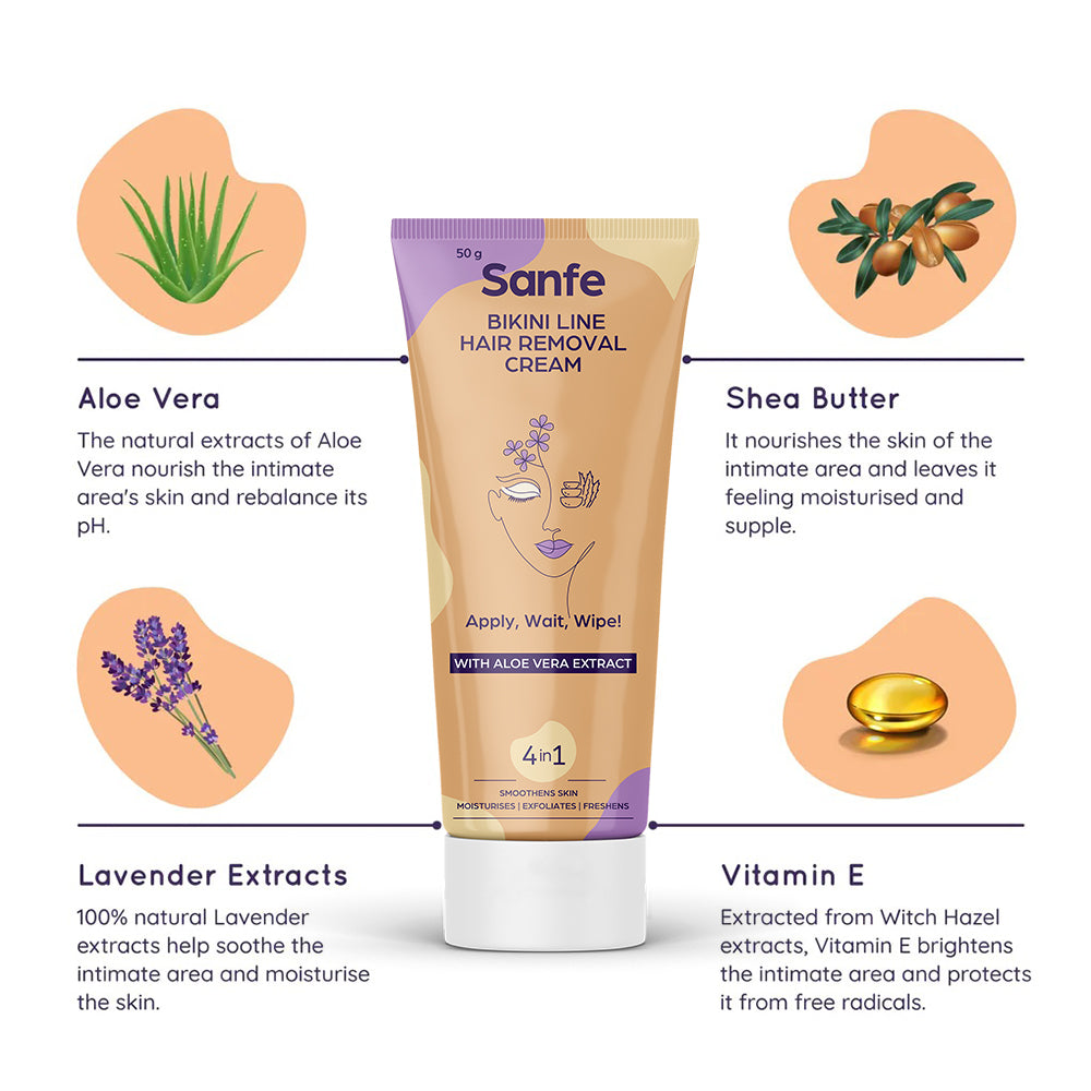 Sanfe Bikini Line Hair Removal Cream 50g - Natural and Safe for sensitive skin - Lavender, Aloe Vera, Shea Butter Cream Cream