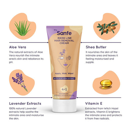 Sanfe Bikini Line Hair Removal Cream 50g - Natural and Safe for sensitive skin - Lavender, Aloe Vera, Shea Butter Cream Cream