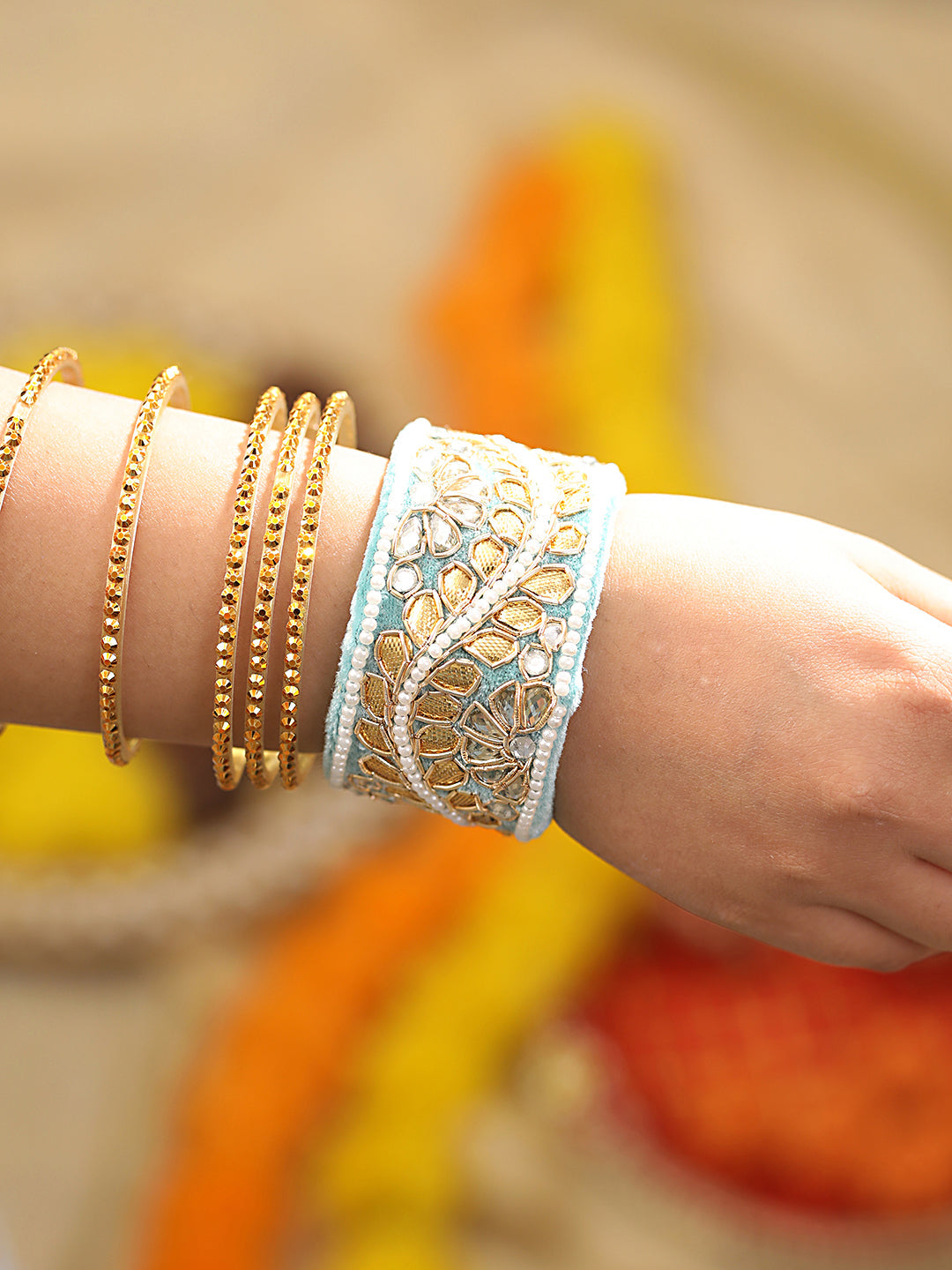 Blue & Gold Toned Beads Handwork Bangle