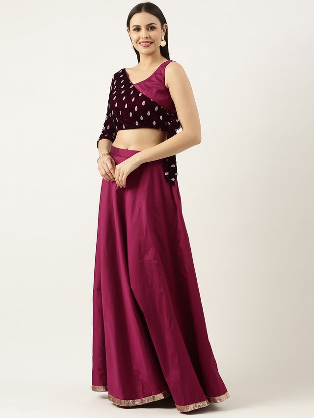 Bollywood Vogue Ready To Wear Magenta Embroidered Velvet Blouse N Silk Skirt Set