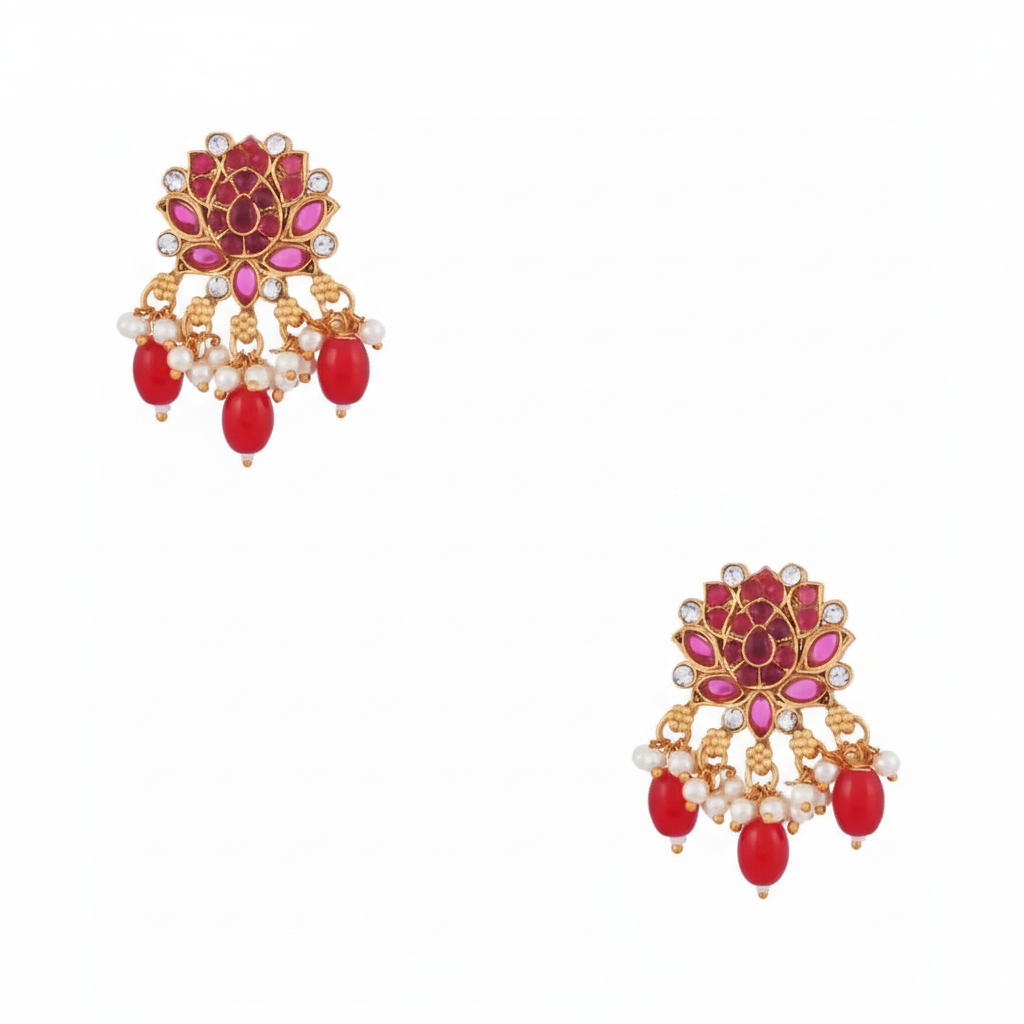 Lotus Floral Design Gold Plated Necklace Set Combo for Women - 1,Red,24 Inch SUPER