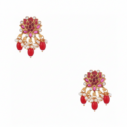 Lotus Floral Design Gold Plated Necklace Set Combo for Women - 1,Red,24 Inch SUPER