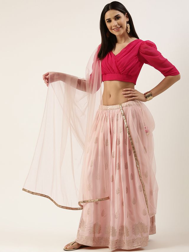 Bollywood Vogue Ready To Wear Pink Jacquard Gathered Style Lehenga Set