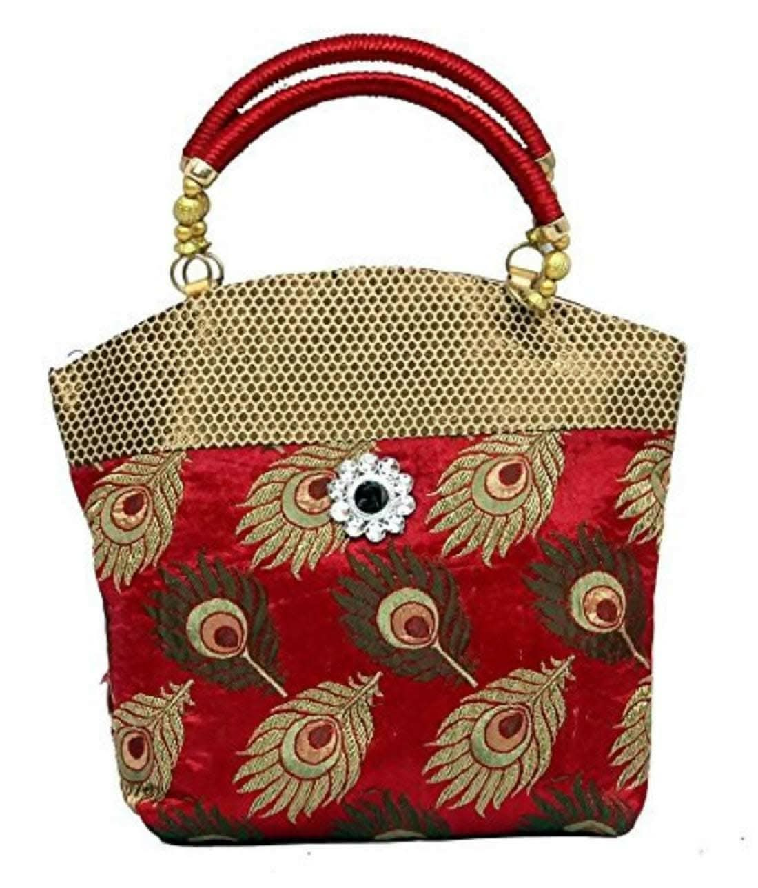 Women's Cotton Traditional Design Mini Handbag, Red - HalfPe