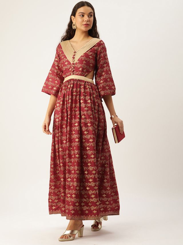 Bollywood Vogue Ready To Wear Maroon Art Silk Foil Printed Maxi Dress