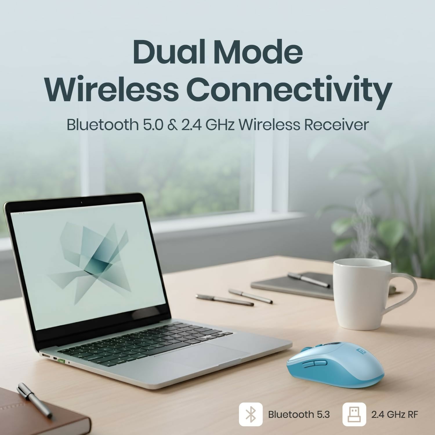 Portronics Toad 9 Wireless Bluetooth Mouse,Dual Wireless (BT + 2.4 GHz),Smart LED Display Ambidextrous Optical Mouse (2.4GHz Wireless, Bluetooth, Blue)