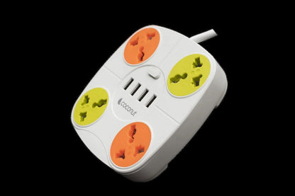 coconut Multi 3 Extension Socket 4 Universal Sockets, 4 USB Charging Ports, 3M long cable, Individual LED Indicators - HalfPe