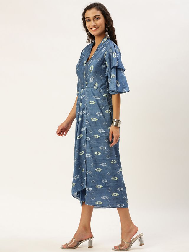 Bollywood Vogue Ready To Wear Blue Digital Printed Art Silk Pleated Dress