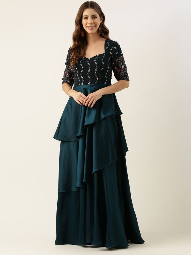 Bollywood Vogue Ready To Wear Teal Green Georgette Sequins Embroidered Gown