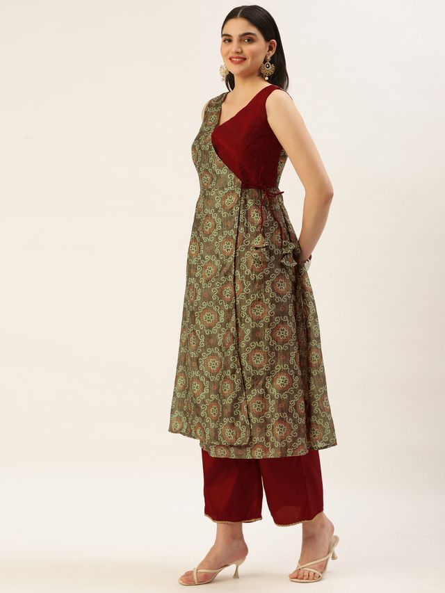 Bollywood Vogue Ready To Wear Maroon N Grey Printed Art Silk Anarkali Set