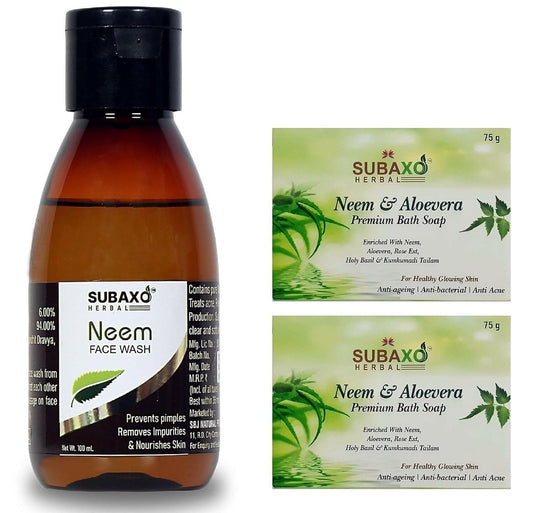 Subaxo Neem & Aloevera Ayurvedic Bath Soap (75 g Each, Pack Of 2) & Neem Herbal Face Wash (100ml,Combo) - HalfPe