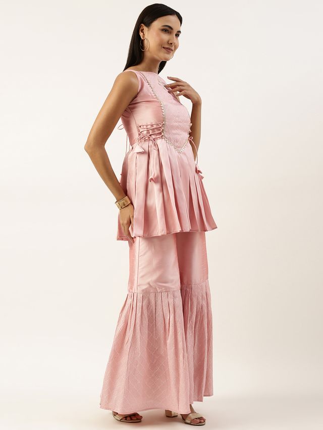 Bollywood Vogue Ready To Wear Rouge Pink Art Silk Kurta N Gharara Set