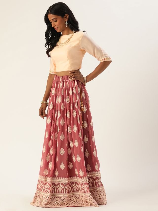 Bollywood Vogue Ready To Wear Off White N Brown Embroidered Lehenga Set