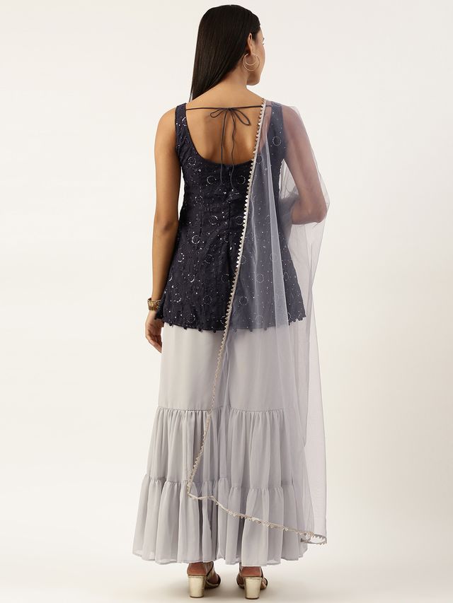 Bollywood Vogue Ready To Wear Dark Grey Georgette Embroidered Gharara Suit