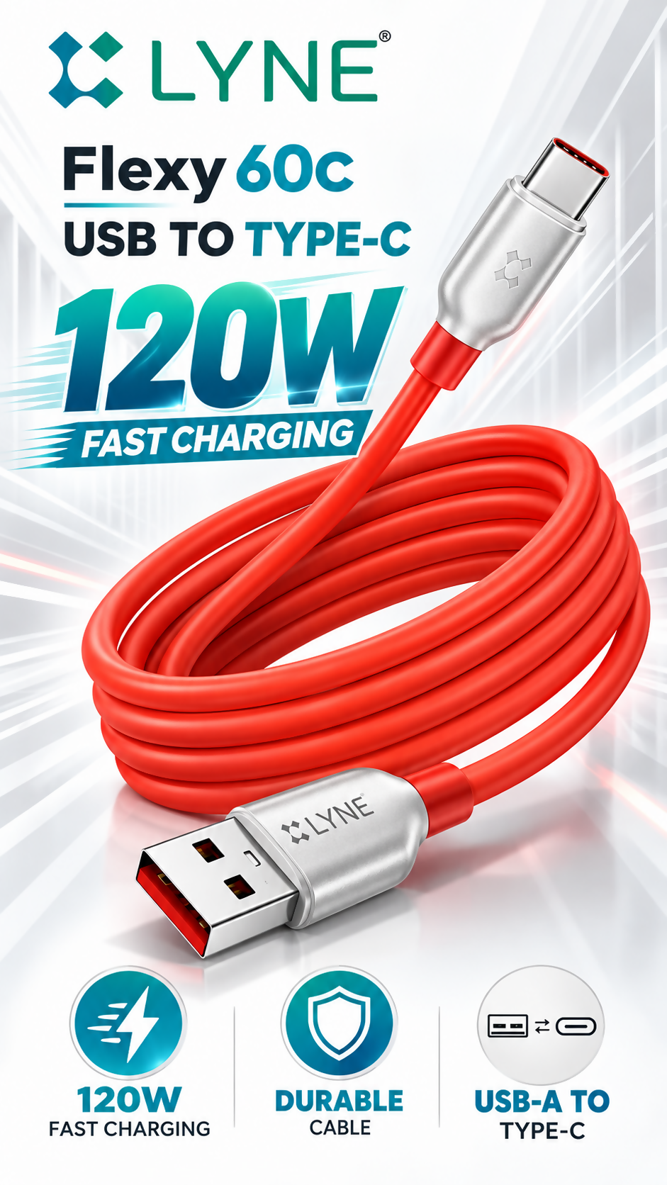 LYNE Flexy 60C Startup-42 120W USB-A to Type-C Fast Charging Data Cable – 1 Metre, Red