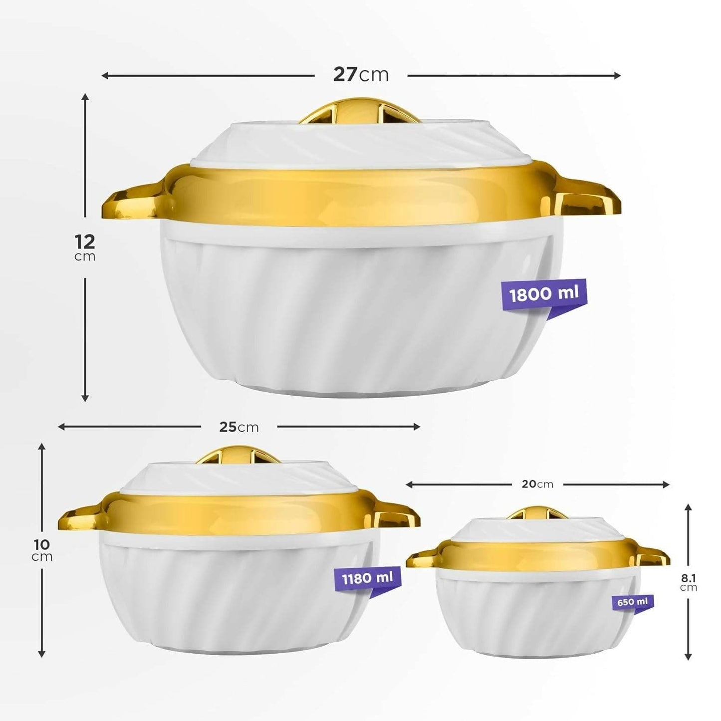 SELVEL Insulated Double Walled Casserole Set of 3 (White) (1800ml, 1180ml, 650ml) - HalfPe