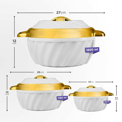 SELVEL Insulated Double Walled Casserole Set of 3 (White) (1800ml, 1180ml, 650ml) - HalfPe