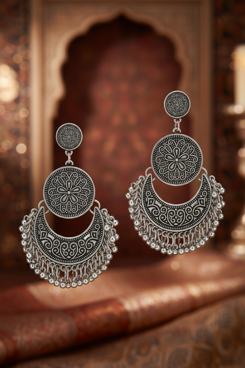 Afghani Tribal Oxidized Dangler Earrings for Girls & Women(Silver,1) SUPER