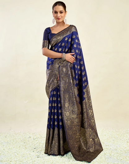 Royal Emerald Jacquard Saree with Golden Zari Work & Heavy Brocade Border