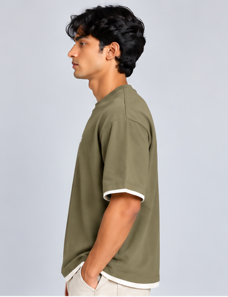 HUSTLE Essentials Men's Crew Neck Oversized T-Shirt – Olive Khaki(Oversized fit)