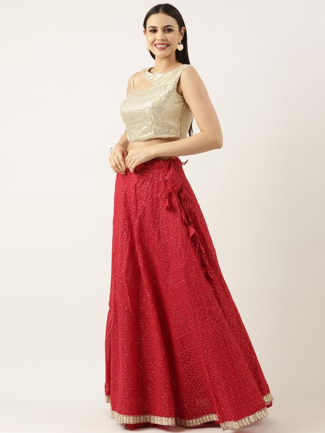 Bollywood Vogue Ready To Wear Silver N Dark Red Georgette Sequins Embroidered Lehenga