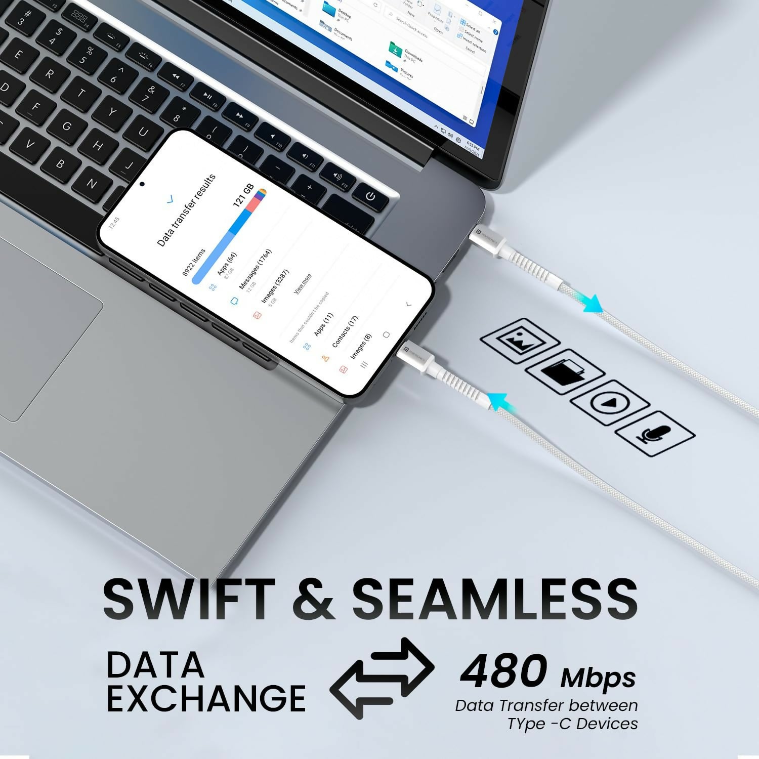 Portronics Konnect X 60W Type-C to Type-C Fast Charging Cable | 1M Nylon Braided USB-C PD Cable for iPhone 15, iPad, Samsung Galaxy & Type-C Devices