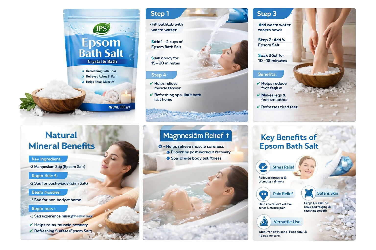 JPS Epsom Bath Salt 900g – Pure Magnesium Sulphate for Relaxation, Muscle Relief & Foot Soak JPS PRODUCTS (ACHSA)