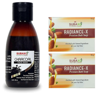 Subaxo Herbal Radiance-x Soap (75 gm Each, Pack Of 2) & Charcoal Herbal Anti Pollution Deep Cleansing Face Wash (100ml,Combo) - HalfPe