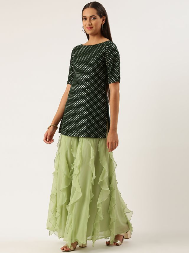 Bollywood Vogue Ready To Wear Green Cascade Ruffled Gharara Suit Set