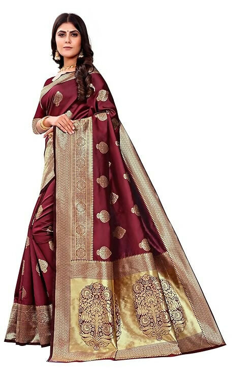AXONIT Jacquard Silk Saree with Heavy Golden Zari Butta & Antique Gold Border