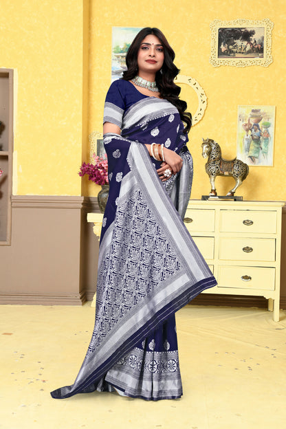 AXONIT Banarasi Silk Saree for Women with Silver Zari Work for Wedding Wear