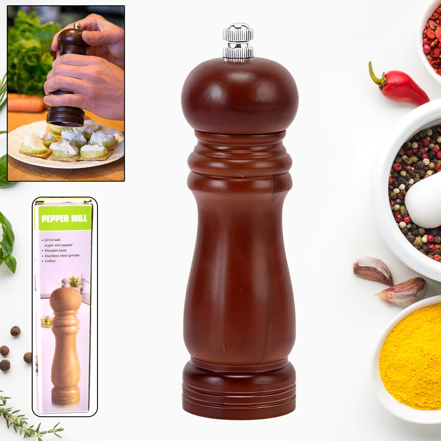 Wood Pepper Grinder for Your Kitchen & Grinding Salt Refillable, Salt Shakers with Adjustable Ceramic Rotor (1 Pc)