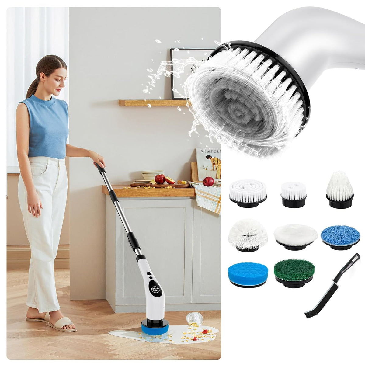 9-in-1 Electric Spin Scrubber with Telescopic Handle & LCD with Cordless Rechargeable Power Brush(1 Set)