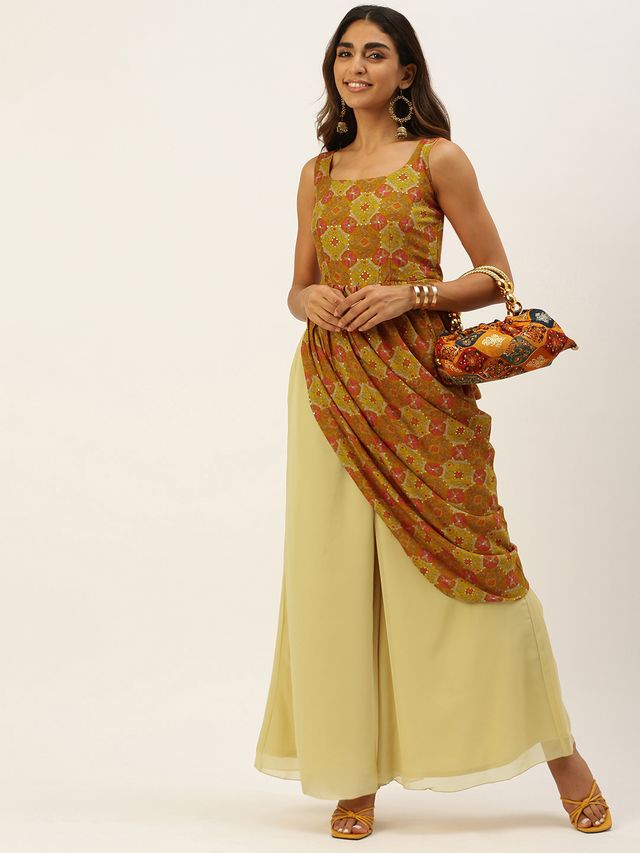 Bollywood Vogue Ready To Wear Multicolor N Beige Printed Kurta Set