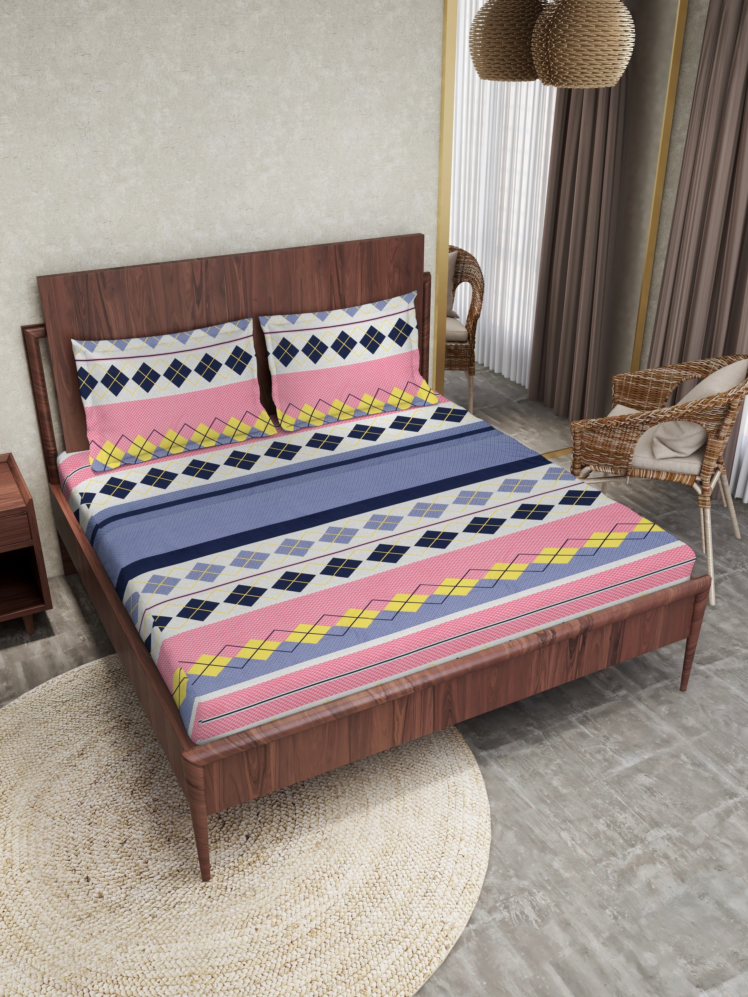 Rome Collection Cotton 220 TC Fitted Queen Bedsheet with 2 Pillow Covers - Pink