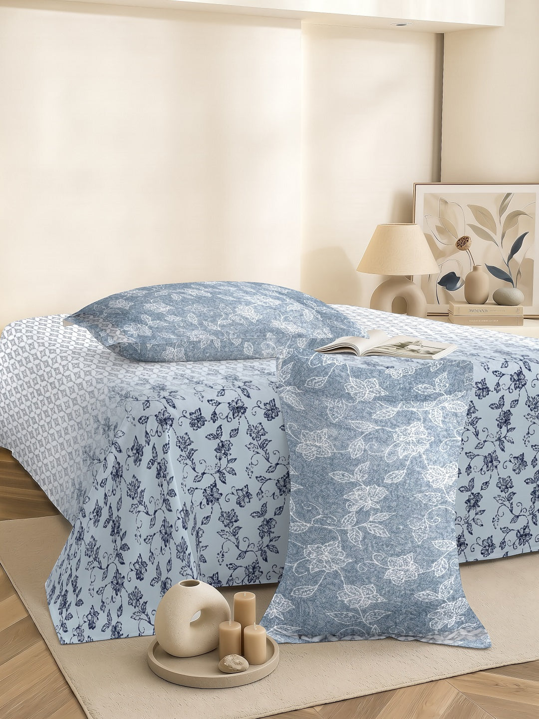 Vera 100% Pure Cotton Satin King Bedsheet With 2 Contrast Pillow Covers