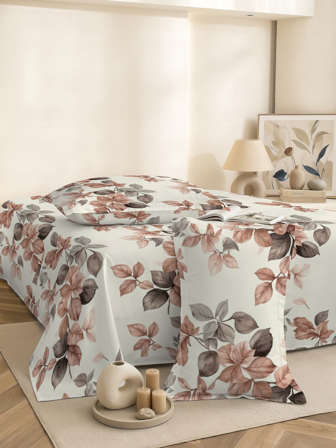 Quirky Home Coral Collection Double Bedsheet with 2 Pillow Cover - Off-White