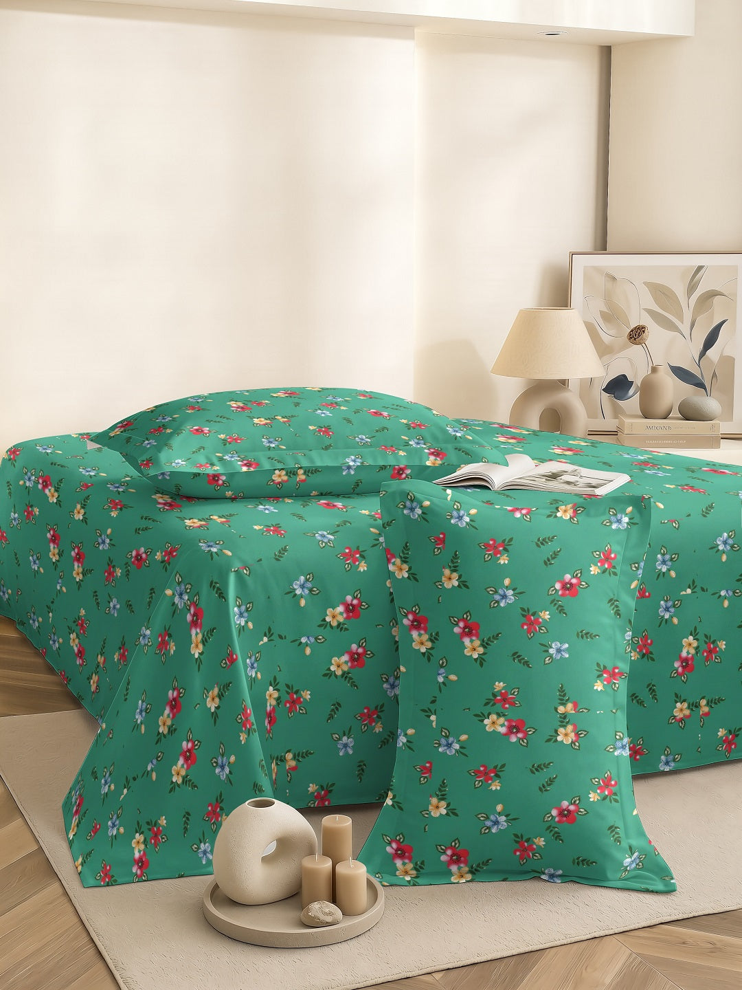 Quirky Home Coral Collection Double Bedsheet with 2 Pillow Cover - Green