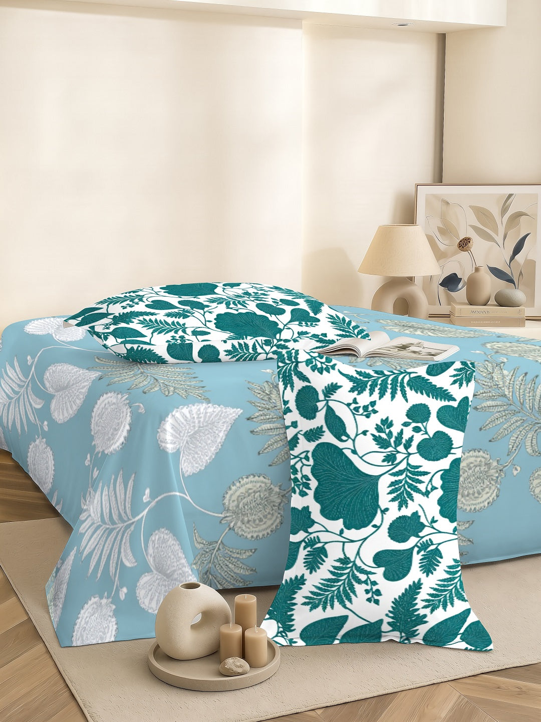 Vera 100% Pure Cotton Satin King Bedsheet With 2 Contrast Pillow Covers