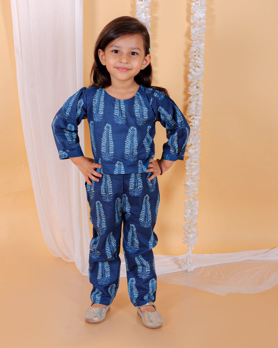 Indigo Leaf Blockprinted Girls Co-ord Set - KES-SN-INLF-0-6