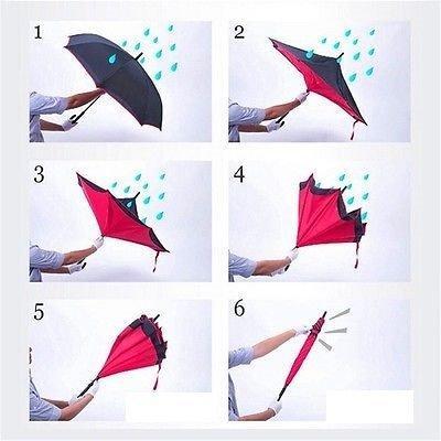 Plain Design Windproof Upside Down Reverse Umbrella With C-shaped Handle
