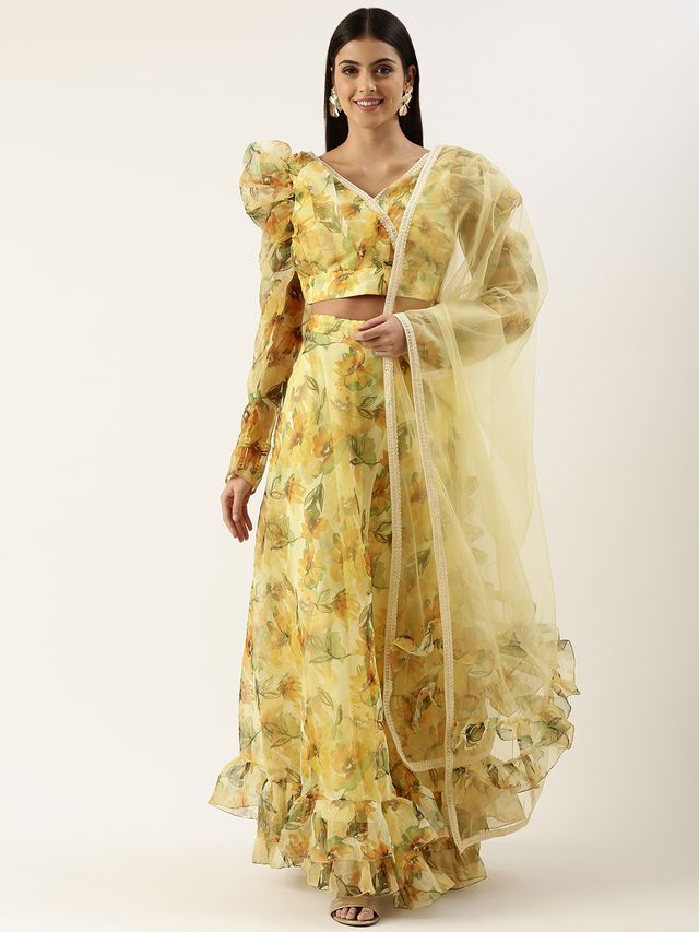 Bollywood Vogue Ready To Wear Yellow Printed Organza Lehenga