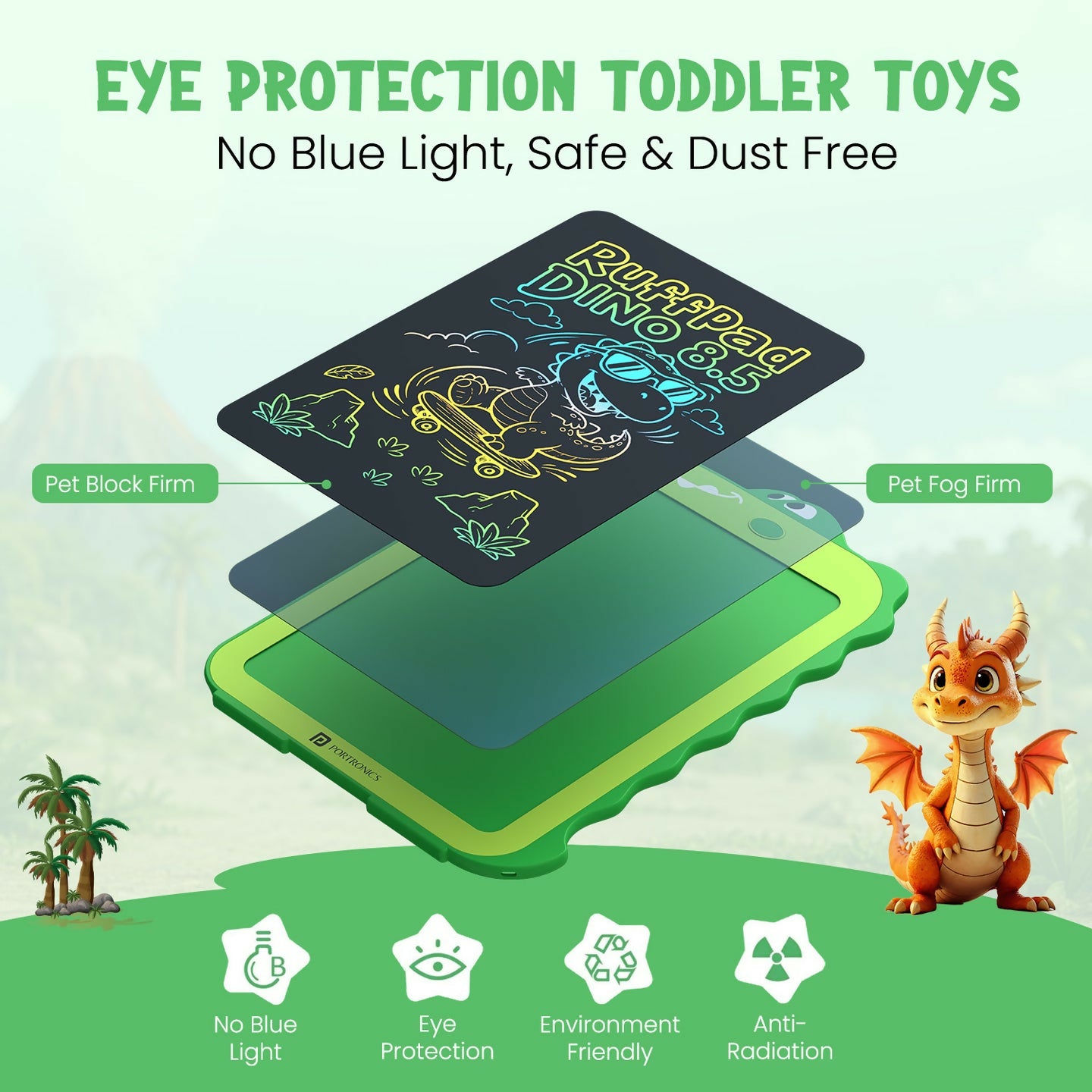 Portronics RUFFPAD DINO 8.5 Multicolor LCD Writing Tablet with One-Tap Erase, Dinosaur Design, Eye-Safe Screen – Green