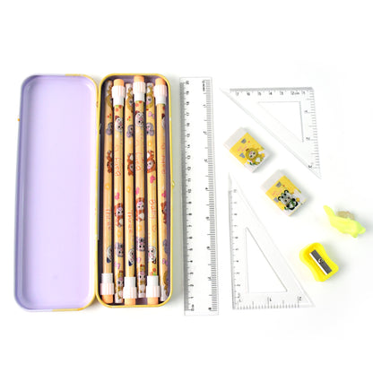 Complete Stationery Geometry Box Set with Pencils, Erasers, Sharpener, Scale, Geometrical Instruments, and Cartoon Printed Metal Pencil Box(1 Set)